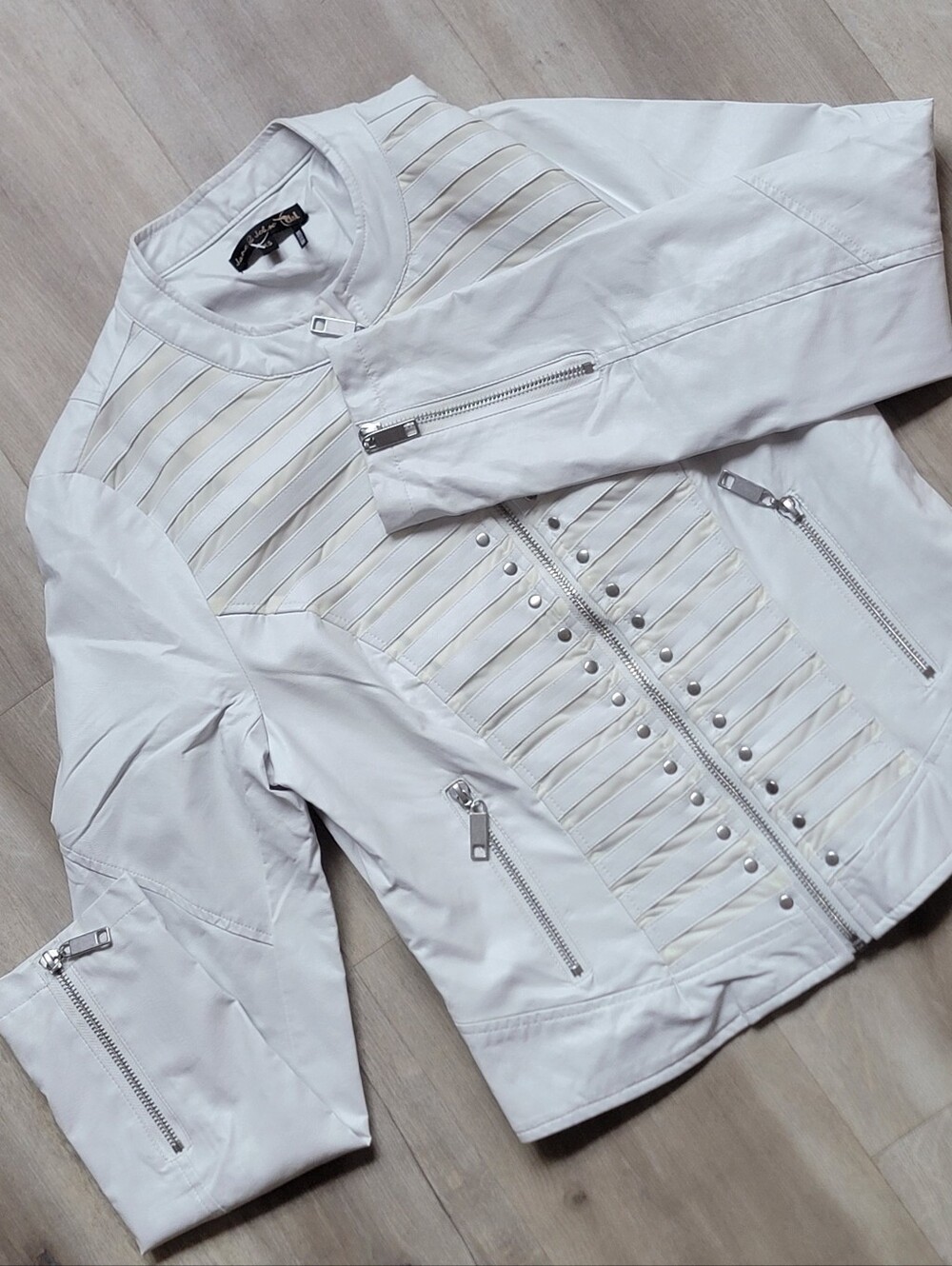 Jane & John Cream White Moto Jacket Ribbed Panel Accents And Silver Zips